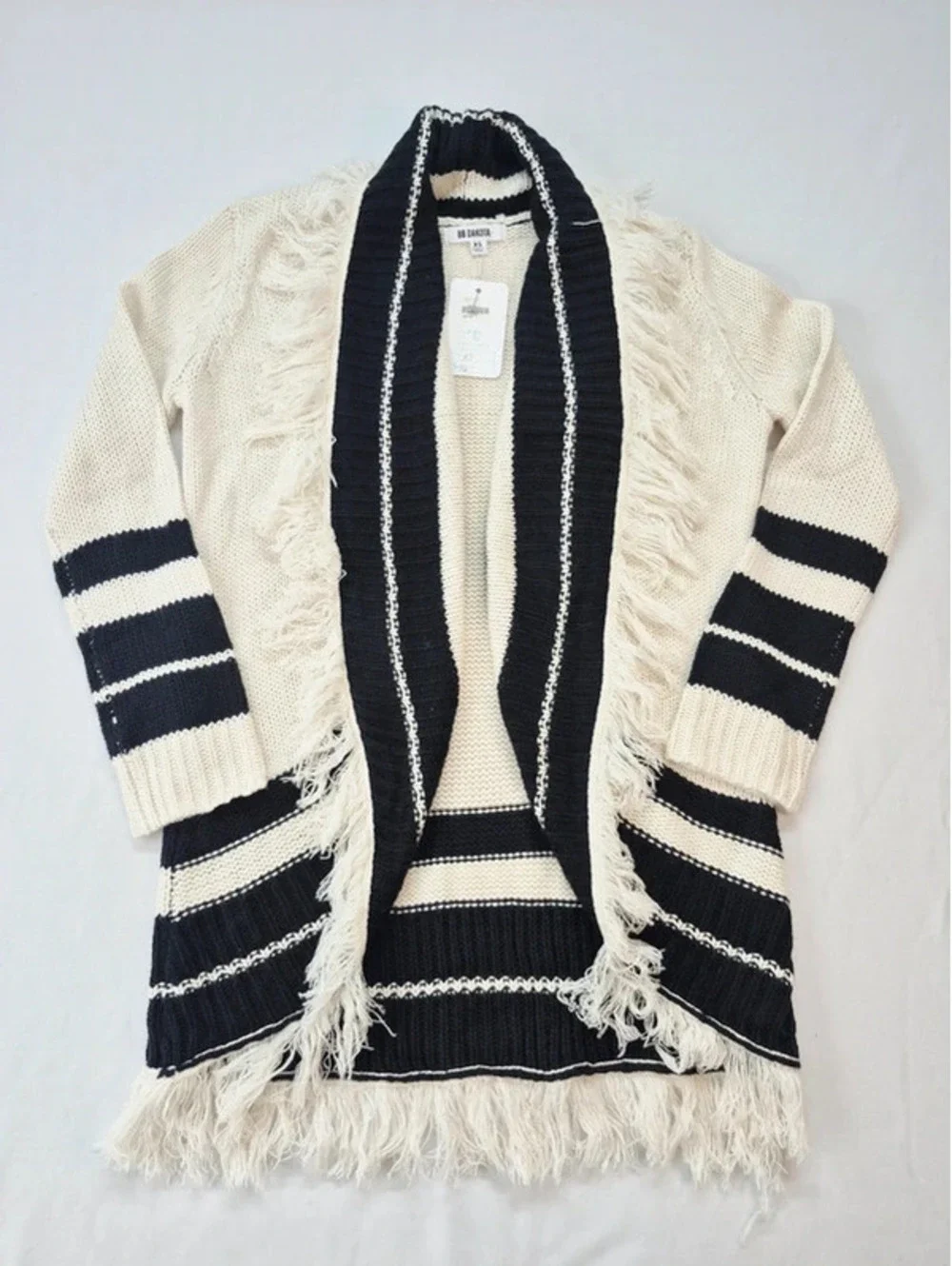 BB Dakota Oversize Ivory Black Stripe Knit Open Front Fringe Cardigan Women's XS